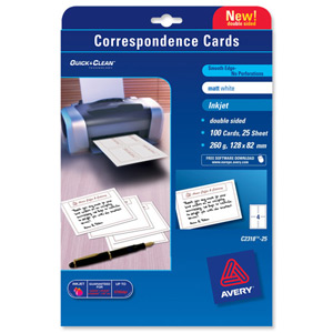 Avery Correspondence Cards Inkjet 128x82mm Matt White Ref C2318-25 [100 Cards] Ident: 19C