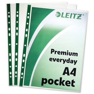 Leitz Pocket Multipunched Polypropylene with Green Strip 70micron A4 Clear Ref 47710002 [Pack 100] Ident: 234B