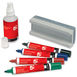 5 Star Drywipe Starter Kit of Drywipe Eraser and 100ml Cleaner and 4 Whiteboard Markers Assorted