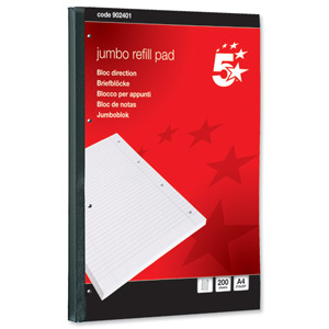 5 Star Jumbo Pad Feint Sidebound Ruled with Margin 60gsm 4-Hole Punched 200 Sheets A4 [Pack 4] Ident: 48A
