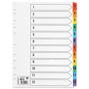 5 Star Index 230 micron Card with Coloured Mylar Tabs 1-12 A4 White