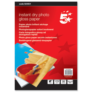 5 Star Paper Inkjet Photo Gloss Fast Drying 175gsm 100x150mm [50 Sheets] Ident: 784A