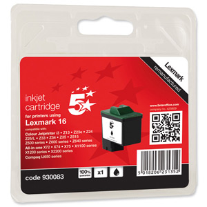 5 Star Compatible Inkjet Cartridge Page Life 410pp Black [Lexmark No. 16 10N0016E Alternative] Ident: 822C