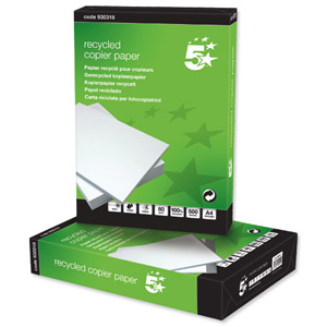 5 Star Copier Paper Recycled Ream-Wrapped 80gsm A4 White [5 x 500 Sheets]