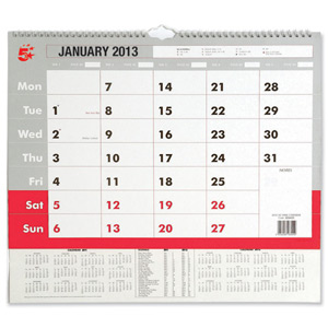 5 Star 2013 Wall Calendar Wirebound Write-on Continuous Dates 12 Month Fiscal Week W420xH297mm A3 Ident: 314B