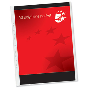 5 Star Punched Pocket Polypropylene Top-opening 120 micron Portrait A3 Ref 4899P10 [Pack 25] Ident: 236G