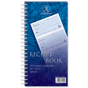 Challenge Duplicate Receipt Book Wirebound 4 Sets per Page 200 Receipts 280x152mm Ref 100080056 Ident: 52F